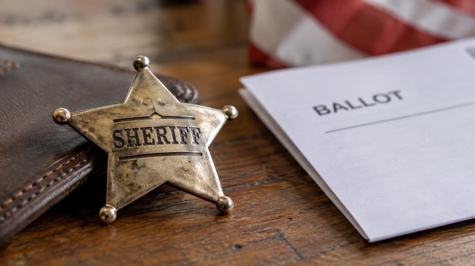 A metal star-shaped sheriff's badge resting on a wooden surface.