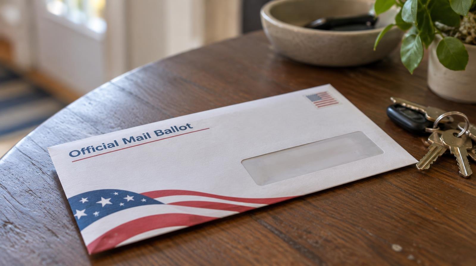 A sealed mail ballot return envelope resting on a wooden surface next to house keys.