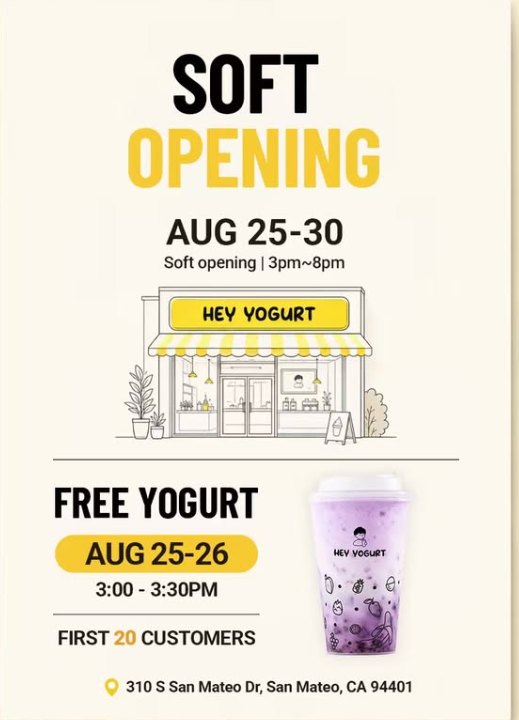 Promotional flyer showing a yogurt shop storefront illustration and a purple yogurt smoothie cup.