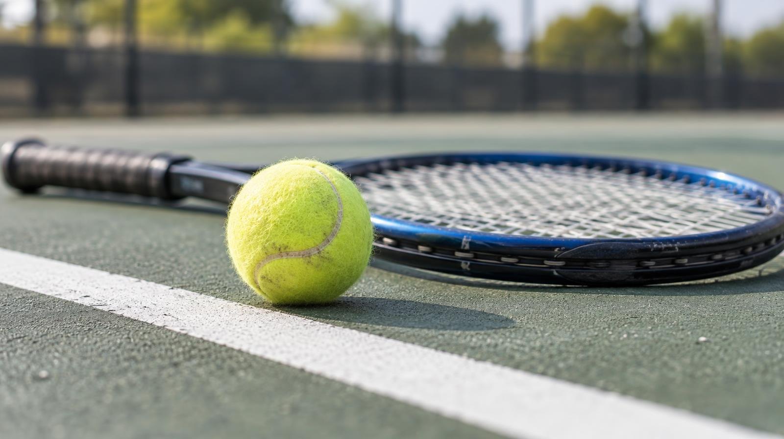 Yellow tennis ball and racket lying on a green hard court beside a white baseline.