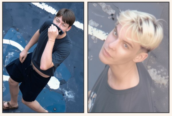 Side-by-side surveillance photos of two young individuals, one crouching and covering their face.