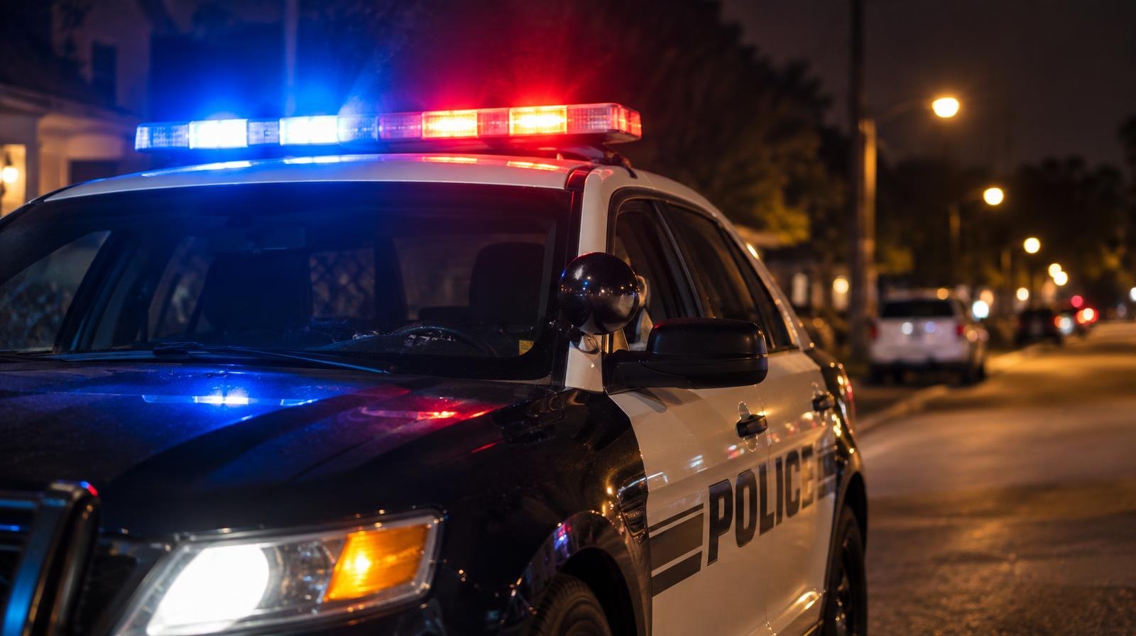 Police patrol car with red and blue emergency lights on at night.