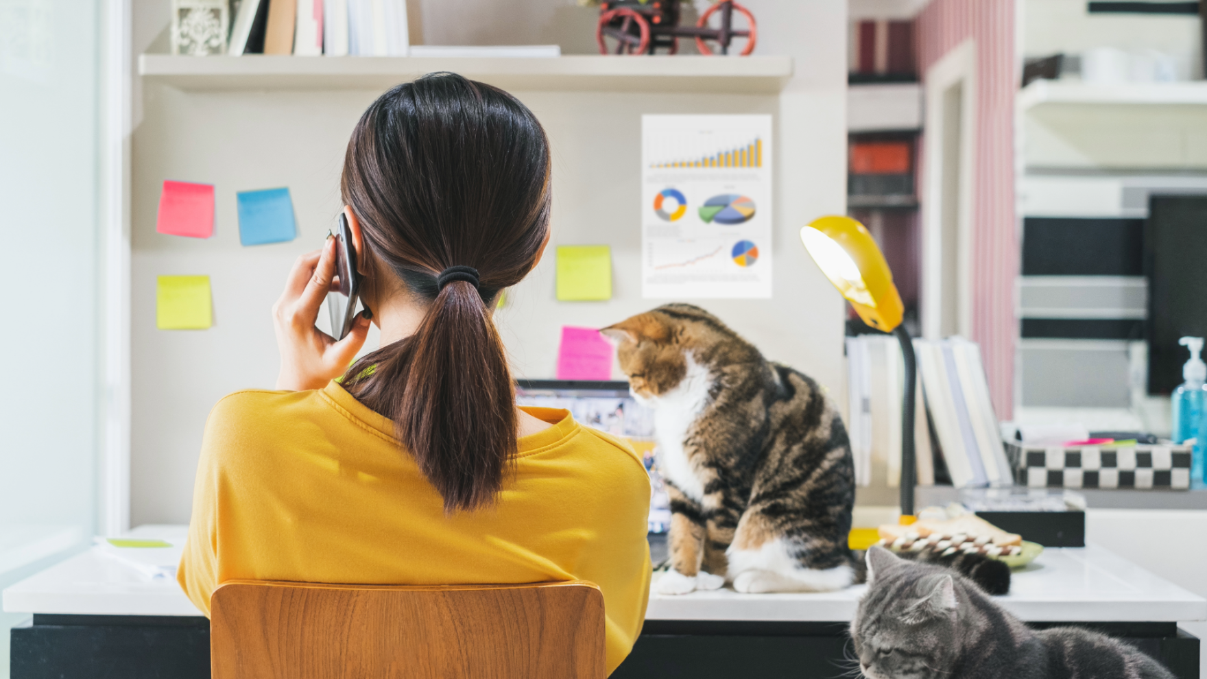 Woman at a home office desk on a smartphone, two cats nearby, charts on the wall behind her.