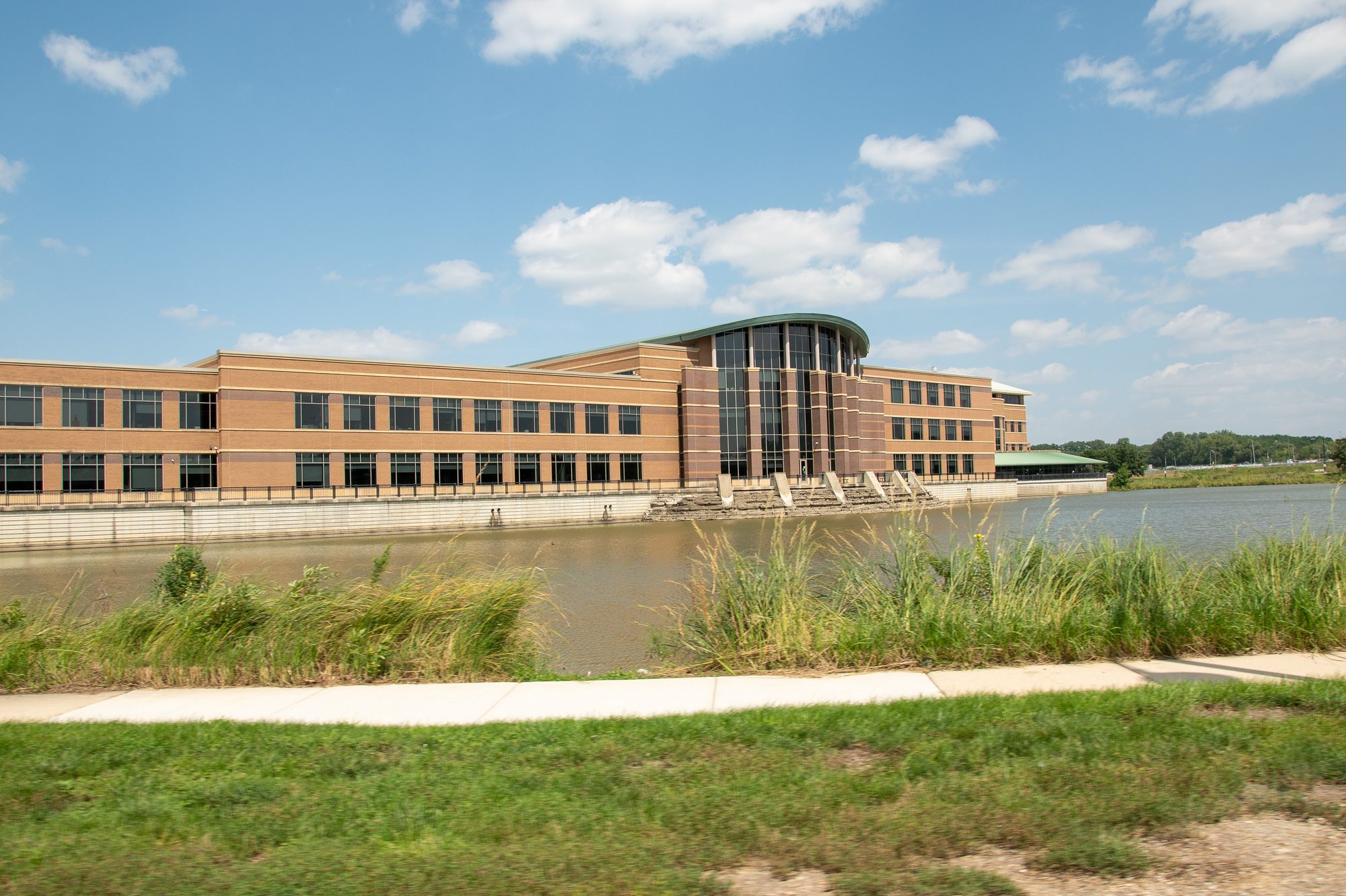 Brick government buildings and grounds on a county campus.