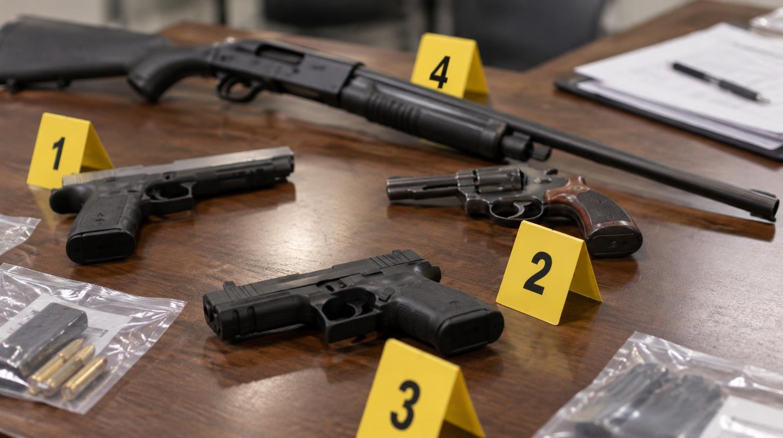 Several handguns and a shotgun laid out on a table with evidence markers.