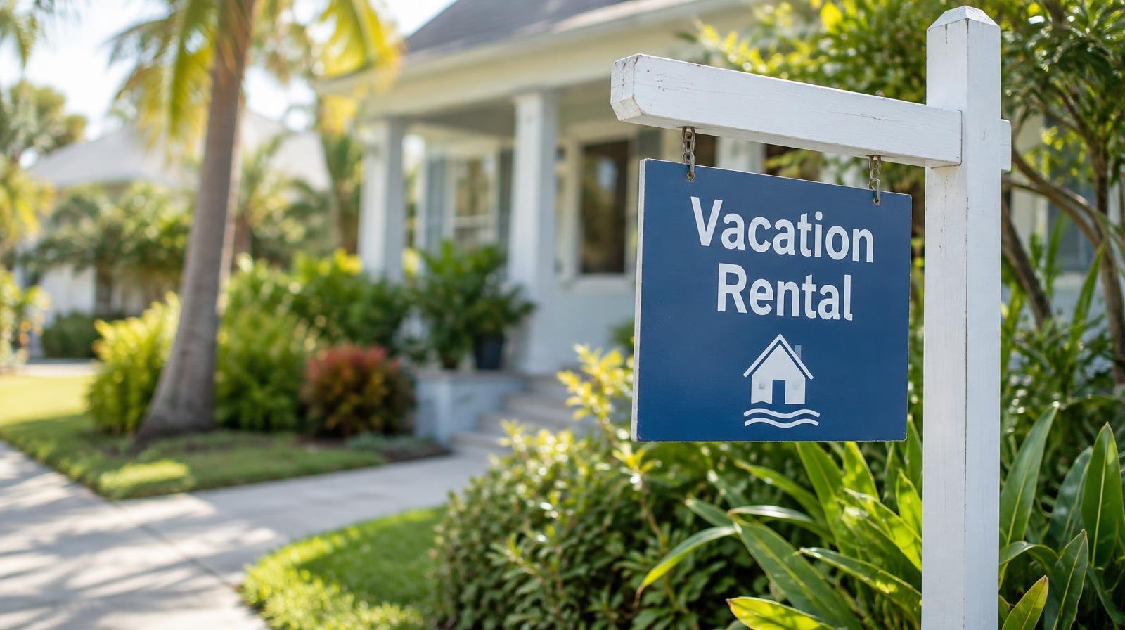Small house with a vacation rental sign in a landscaped front yard on a sunny street.