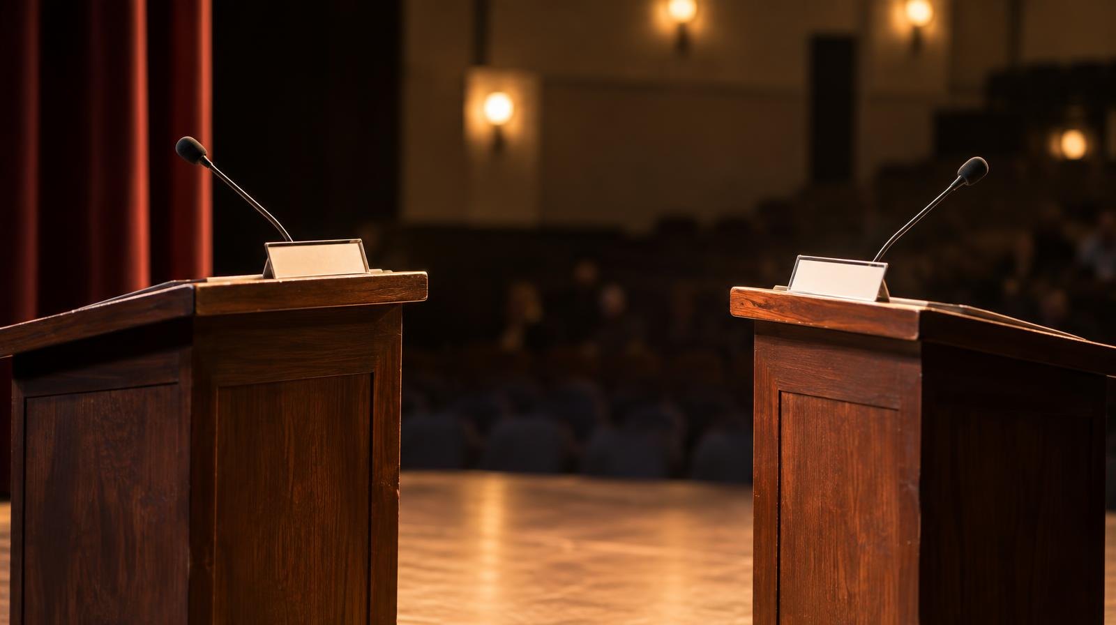 Two wooden podiums with microphones face each other on a spotlit stage.