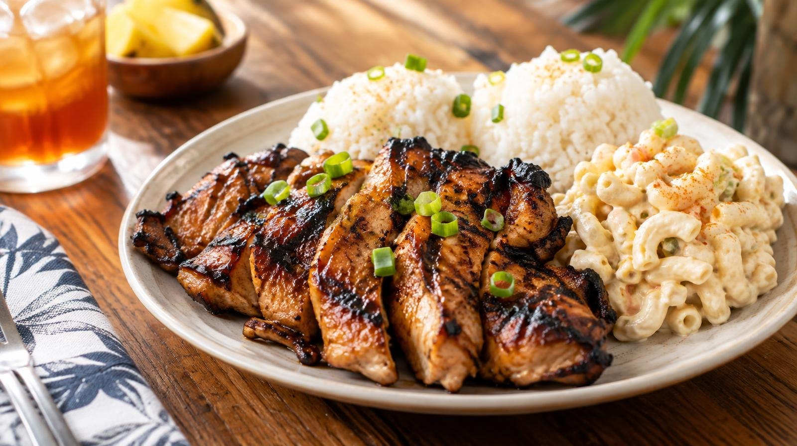A plate of grilled chicken, white rice, and macaroni salad on a wooden table.
