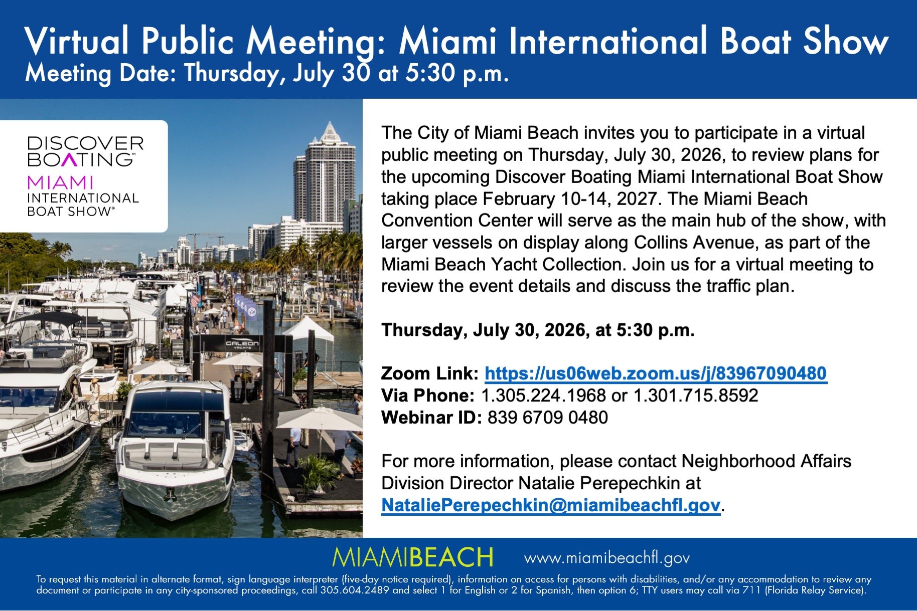 Promotional flyer for a virtual public meeting about the Miami International Boat Show.