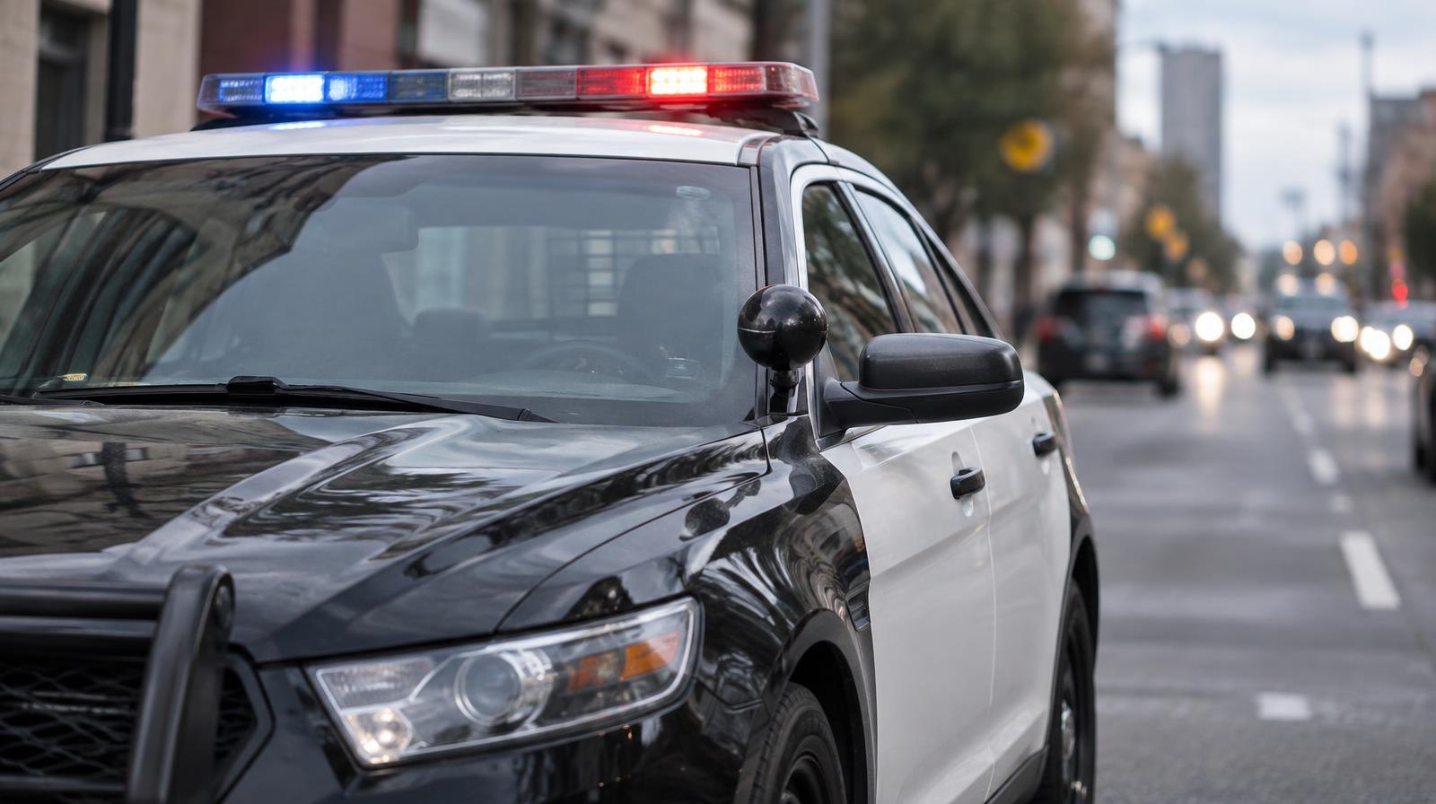 Black-and-white police patrol car parked on an urban street with roof light bar visible.
