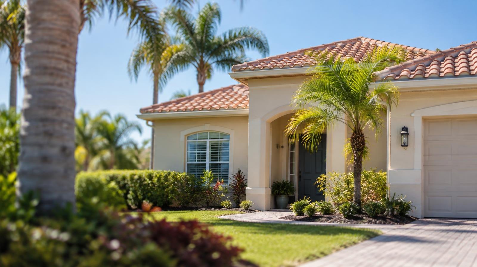 Single-story stucco house with tile roof and palm trees on a sunny suburban street.
