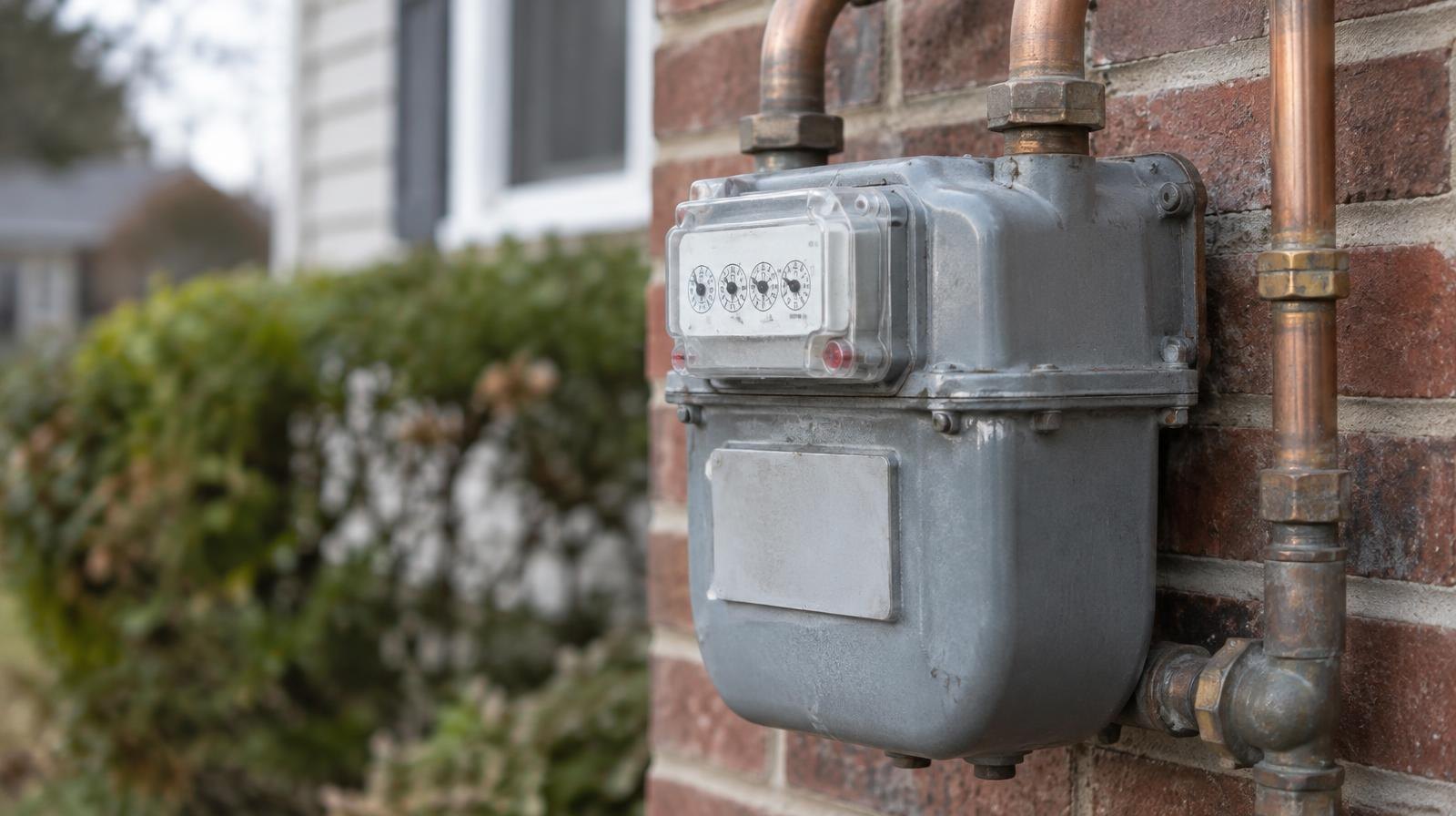A natural gas meter with copper pipes mounted on a brick wall.