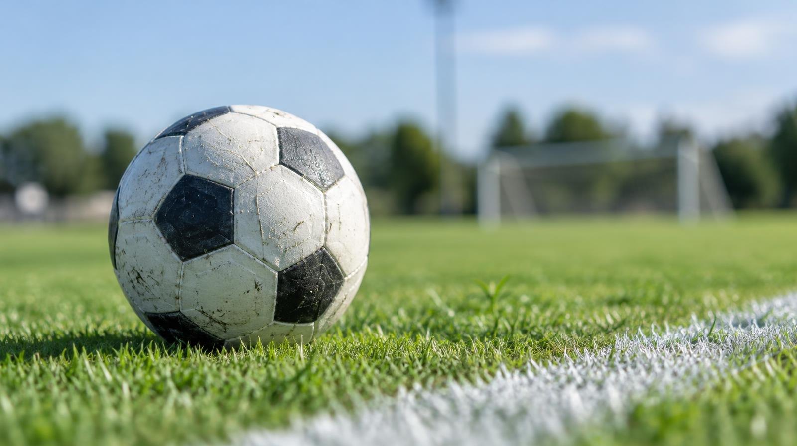 A white soccer ball resting on a bright green grass field near a white sideline.