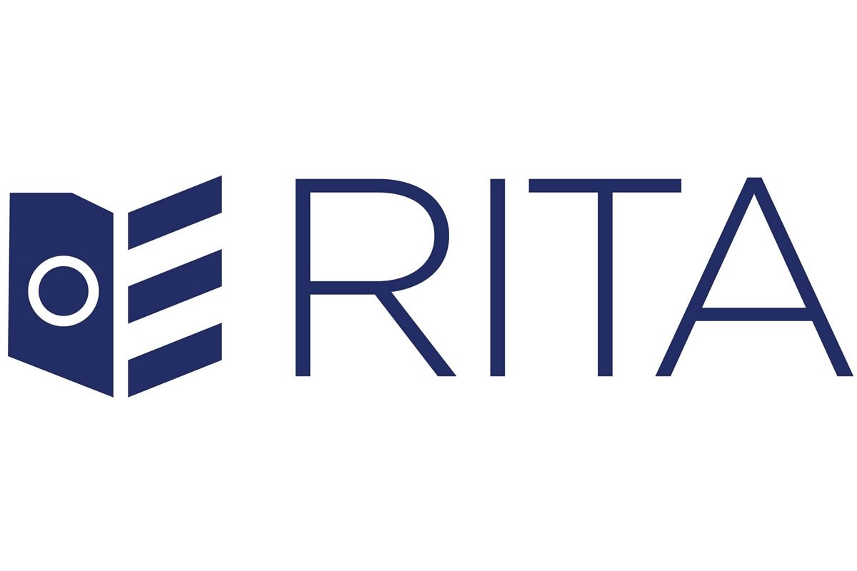 RITA wordmark logo in dark navy blue with a stylized open-book icon.
