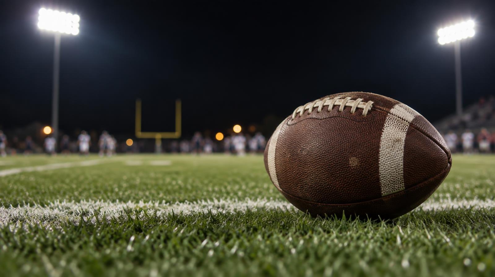 An American football resting on green grass near a white yard line under bright stadium lights.