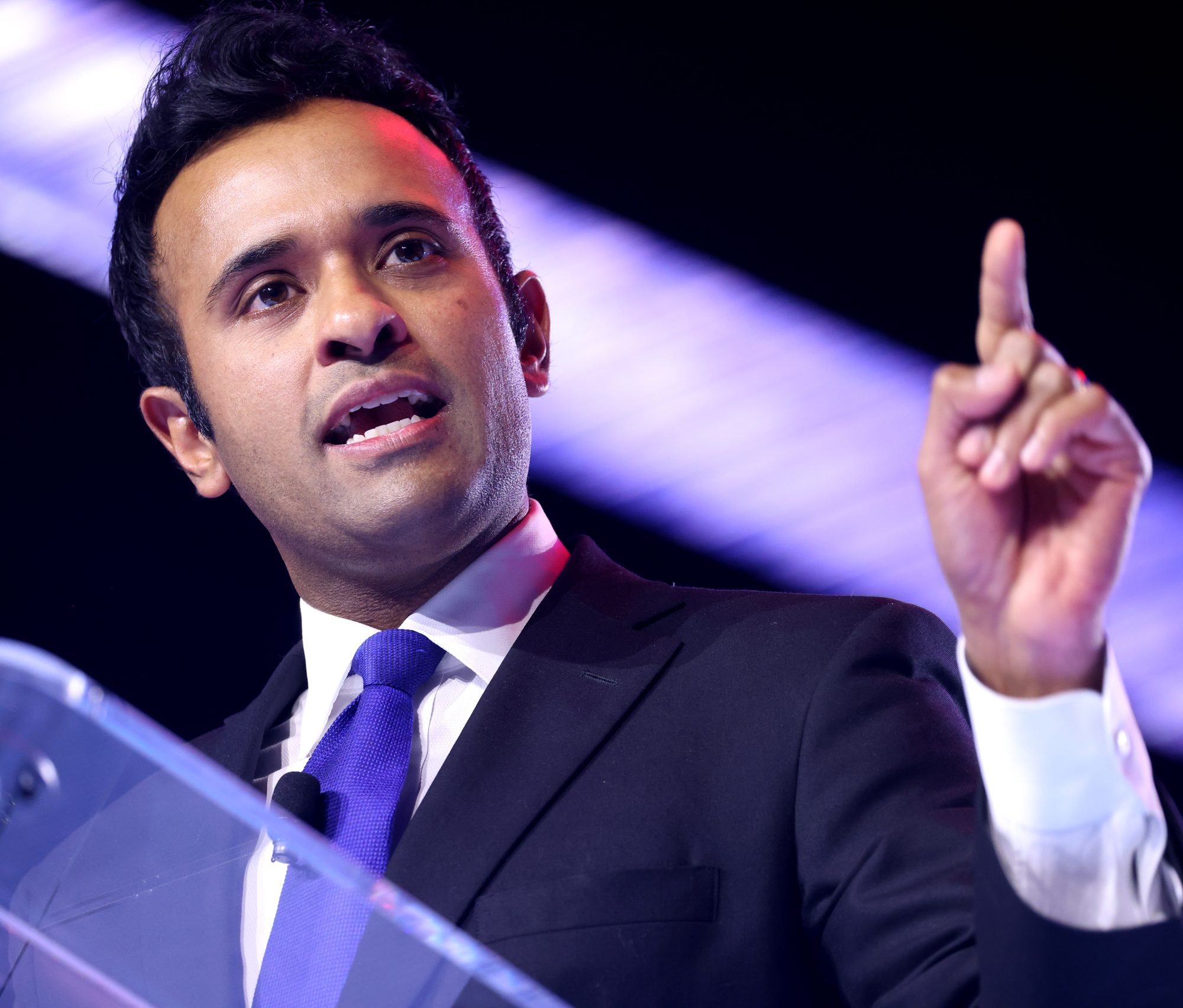 Vivek Ramaswamy speaking with attendees at the 2025 AmericaFest at the Phoenix Convention Center in Phoenix, Arizona.