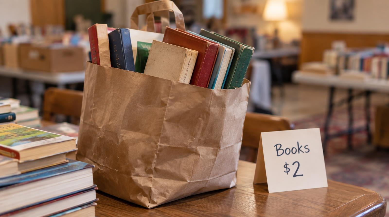 A paper grocery bag overflowing with colorful used books on a wooden table.
