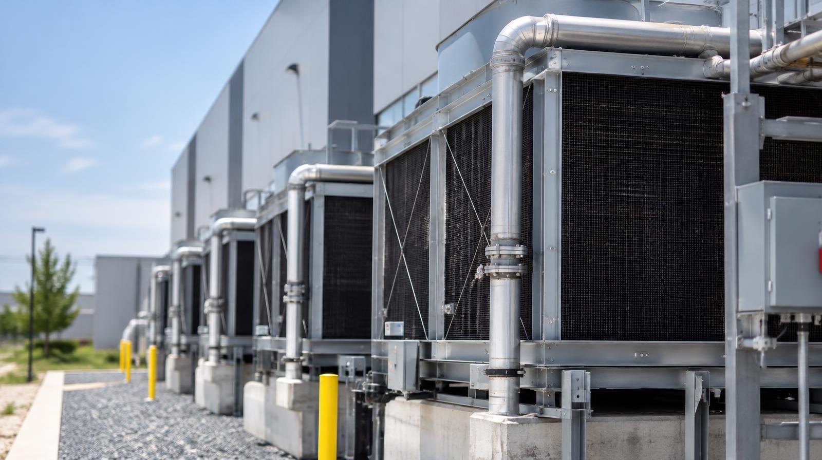 Large data center building exterior with rows of industrial cooling units.