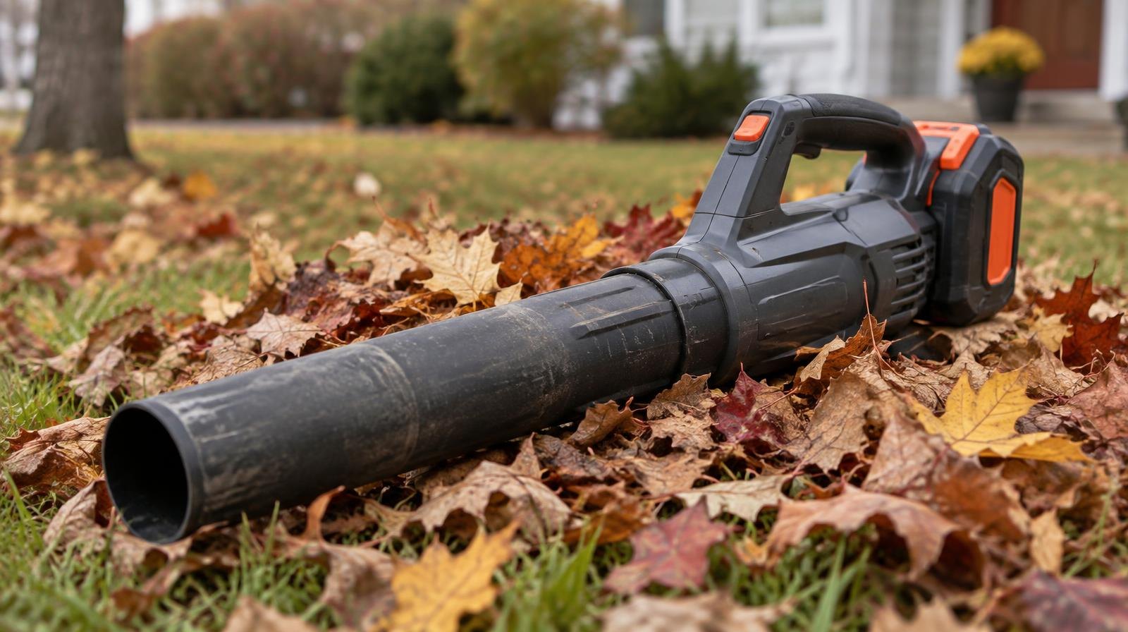 A battery-powered leaf blower lying on a pile of colorful fallen autumn leaves on a lawn.