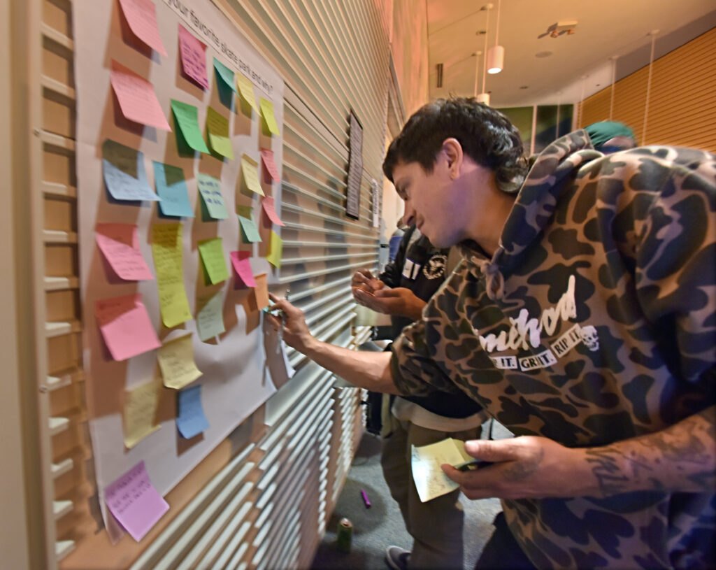 Person in camouflage hoodie placing a sticky note on a colorful board covered with notes.
