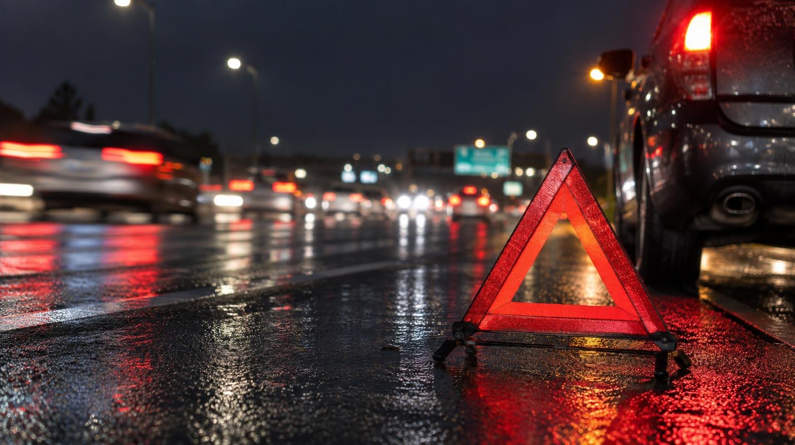 A dark freeway at night with light streaks and a hazard triangle on the road.