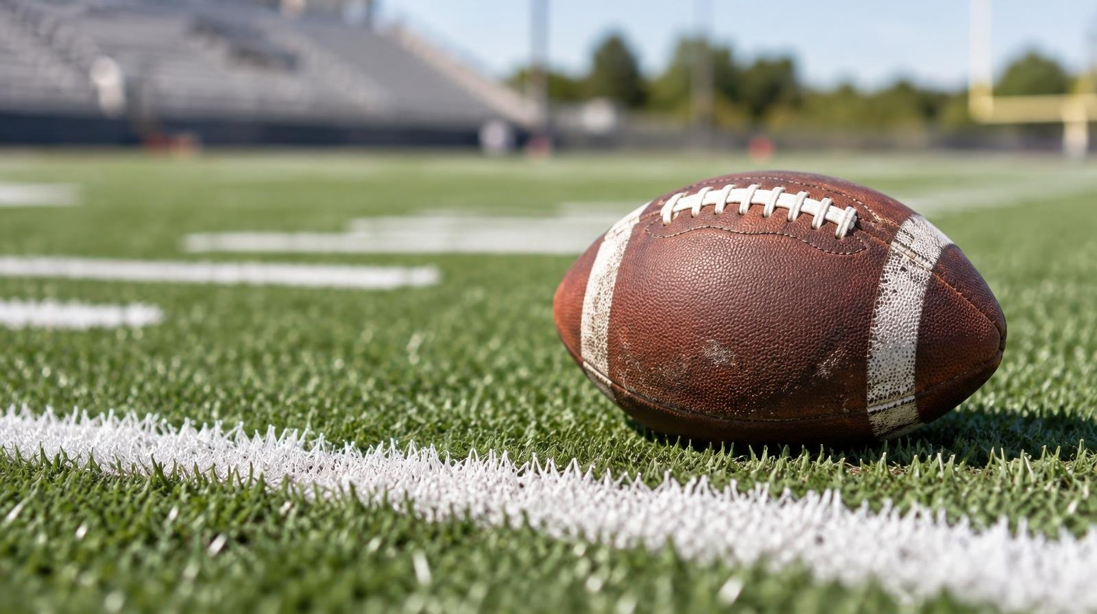 An American football resting on green artificial turf beside a white yard line.