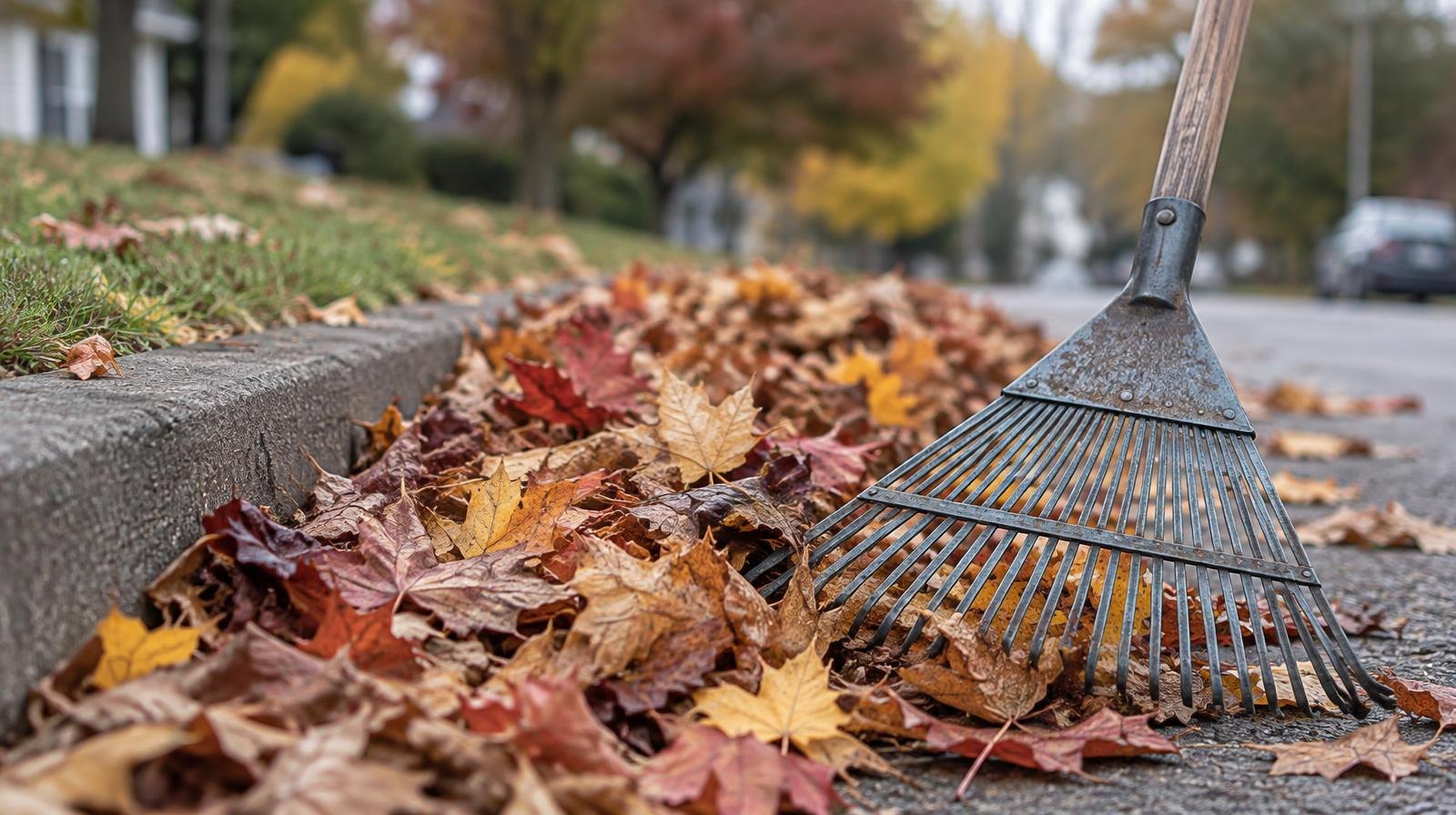 A metal rake beside a neat row of colorful fallen leaves along a curb.