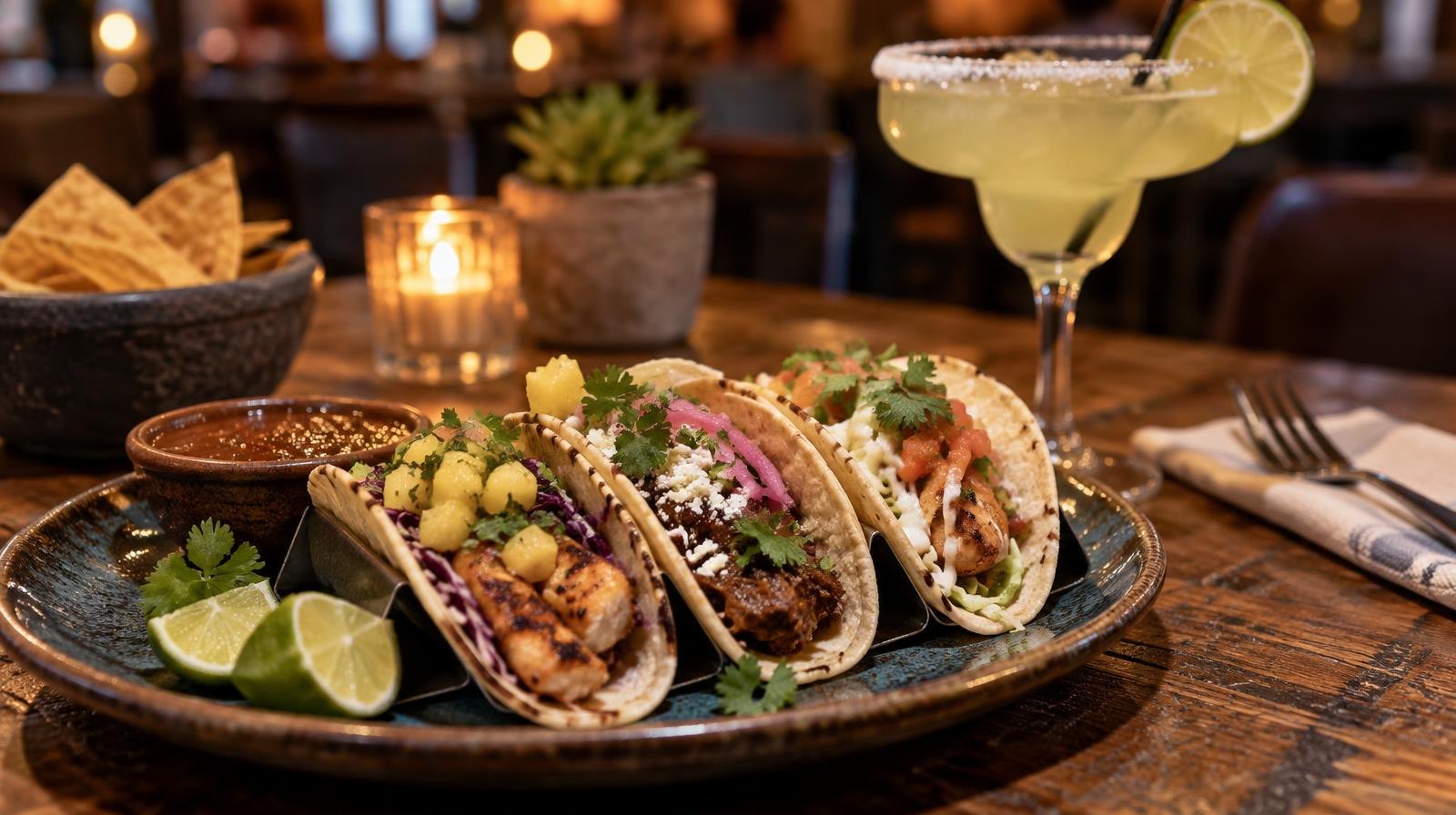 Colorful tacos with garnishes, salsa bowl, and margarita glass on a wooden table.