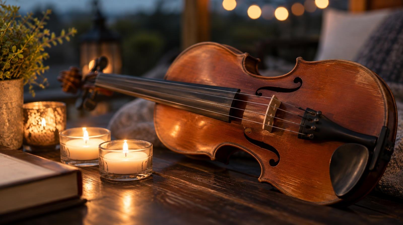 A violin lying on its side next to small lit candles on a wooden surface.