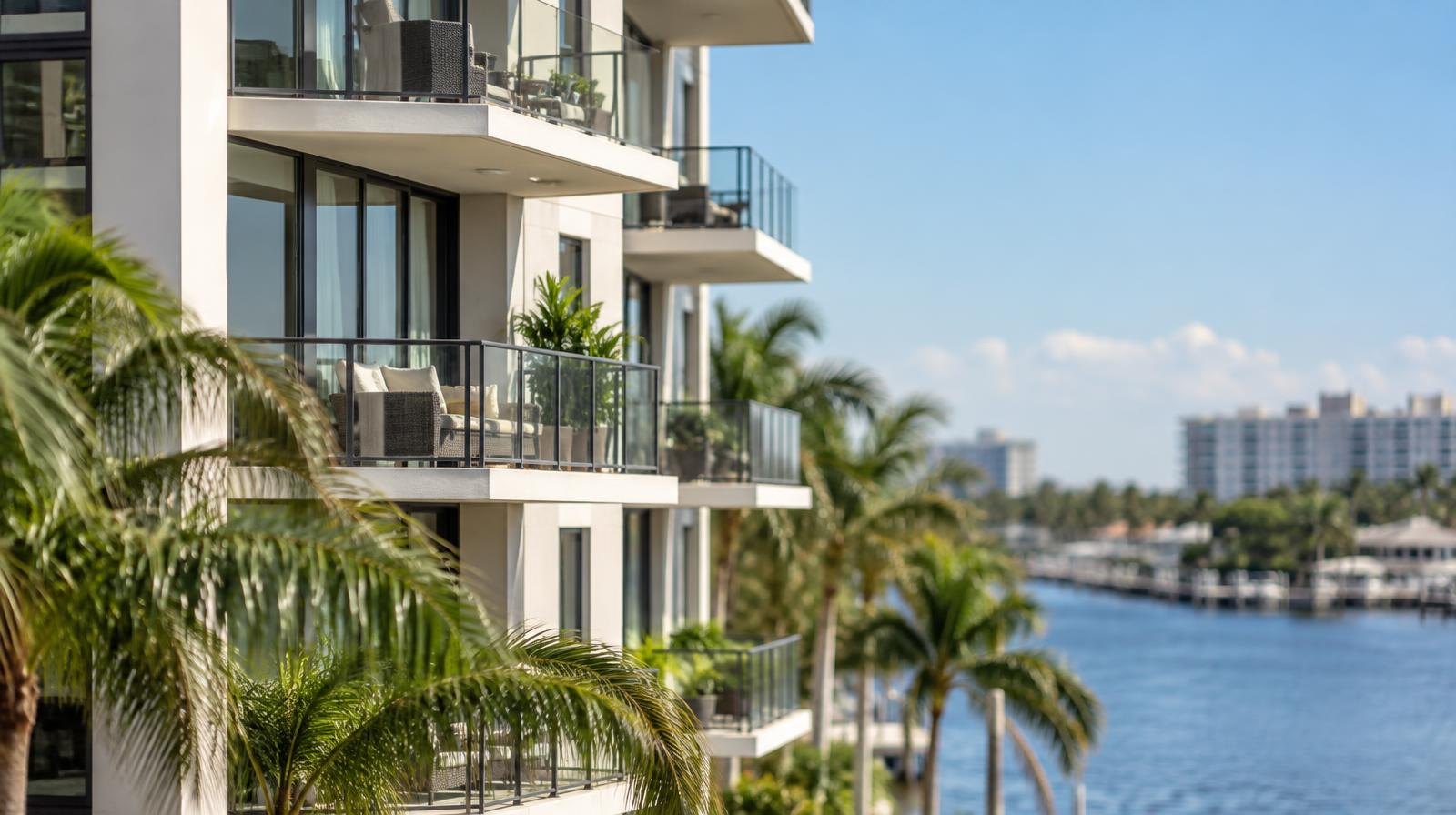 Modern mid-rise condo building with balconies beside a palm-lined waterway.