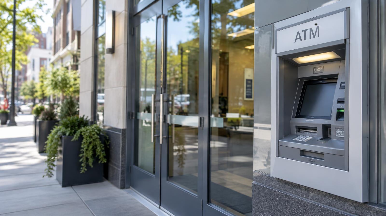 Modern bank branch entrance with glass doors and an ATM kiosk on a downtown sidewalk.