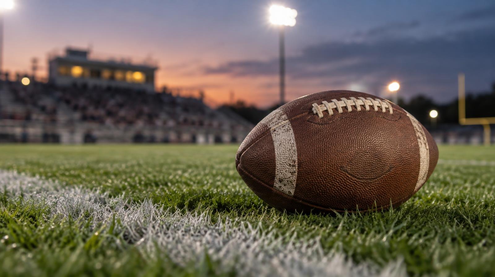 An American football resting on a grass field next to a white painted yard line.