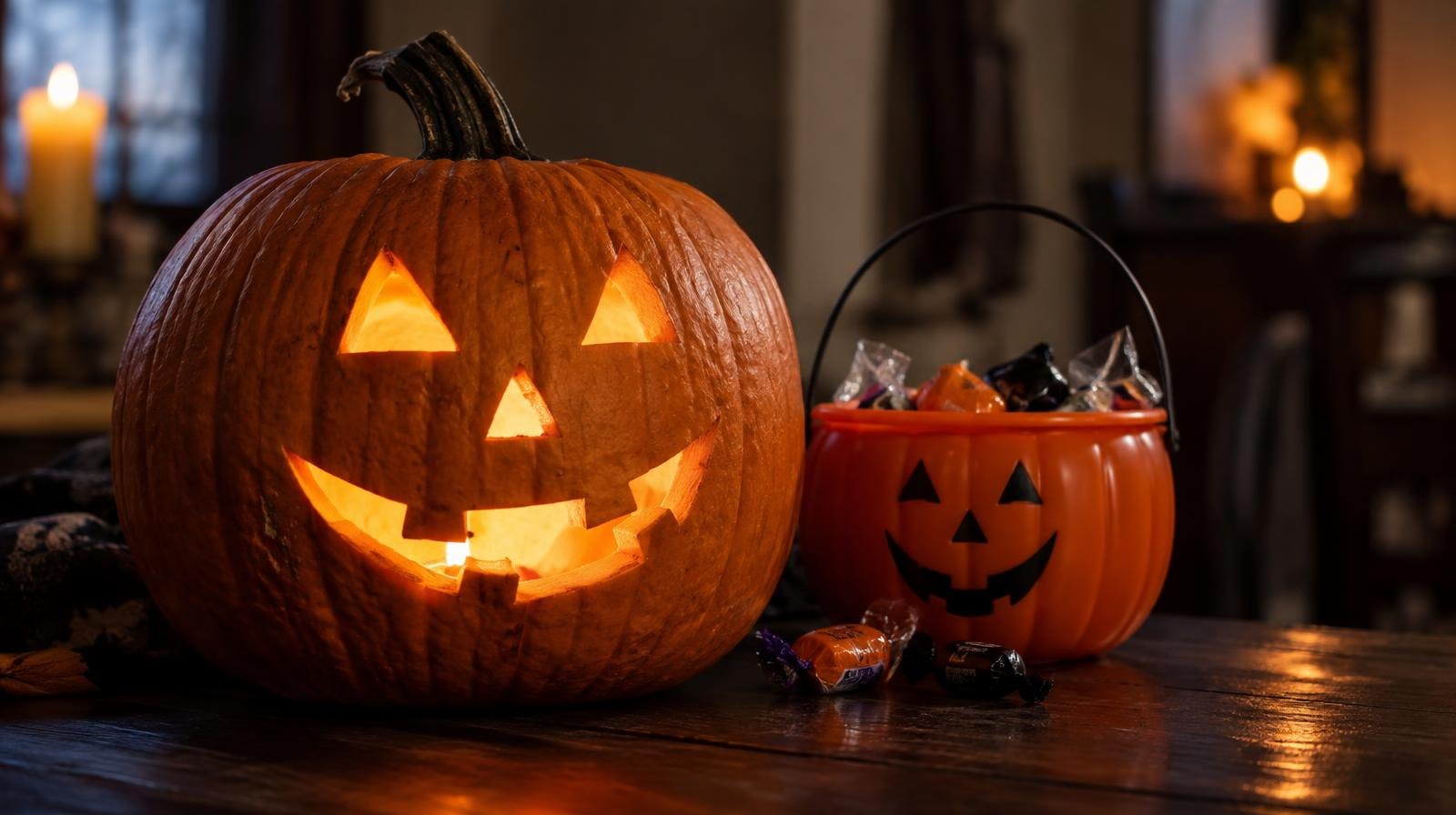 A glowing carved pumpkin beside a small bucket filled with Halloween candy.