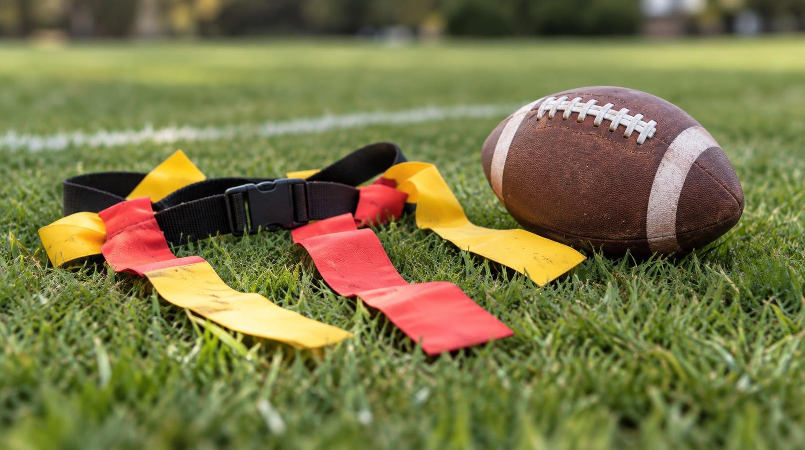A flag football belt with colorful flags resting on green grass beside a football.