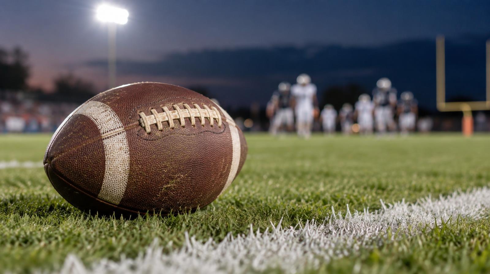 An American football resting on green grass beside a white yard line.