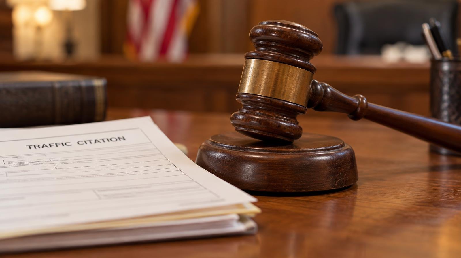Wooden judge's gavel resting on its sound block on a desk.