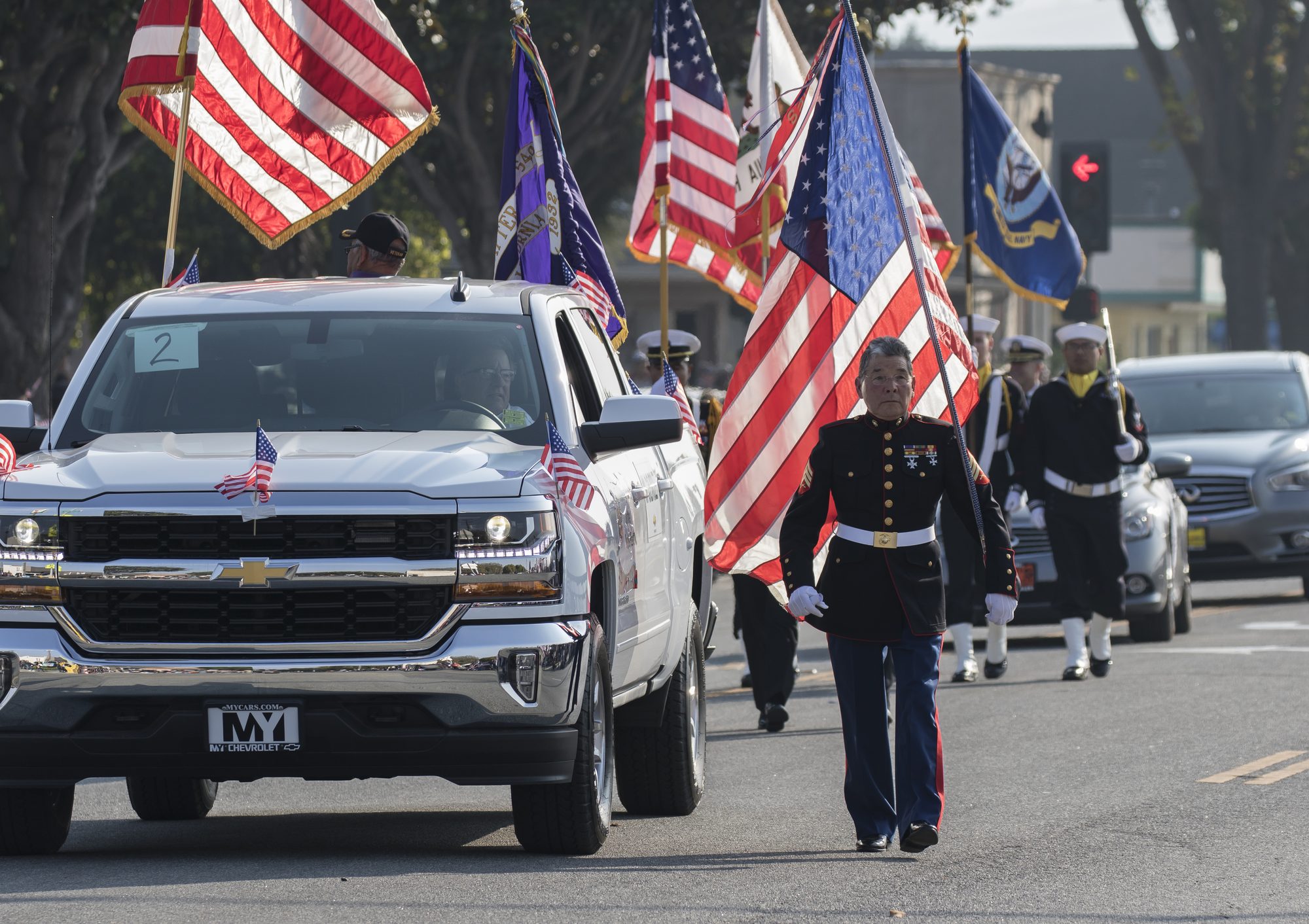 PRESIDIO OF MONTEREY, Calif.-- Dignitaries, business owners and local community members gathered in Old Town Salinas to honor military veterans at the 8th annual Monterey County Veterans Day Parade Nov. 11.
Capt. Rich Wiley, Commanding Officer, Naval Postgraduate School served as the Grand Marshal. Other military leaders from the Presidio of Monterey, Defense Language Institute and Naval Postgraduate School joined Capt. Wiley
to pay tribute to all military veterans, past and present.
Soledad High School's NJROTC color guard led the parade -while the Defense Language Institute's joint service color guard from the Presidio of Monterey led formations of service members from the Army, Navy and Air Force.
Rep. Jimmy Panetta, a Navy veteran, swore in a group of military enlistees for all four military branches.
The U.S. Army Golden Knights parachute team descended onto Salinas as the opening act of the parade and joined the procession to meet and greet parade spectators.
As the procession made its way down Main Street, spectators saluted veterans riding in a variety of vintage, classic, military and modern vehicles driven by car owners who volunteered to drive veterans in the parade.
The parade included eight marching bands, motorcycle clubs, military Humvees and Junior ROTC cadets from Everett Alvarez and Soledad High Schools.
Official Presidio of Monterey Web site
Official Presidio of Monterey Facebook
PHOTO by Joseph Kumzak, Presidio of Monterey Public Affairs
