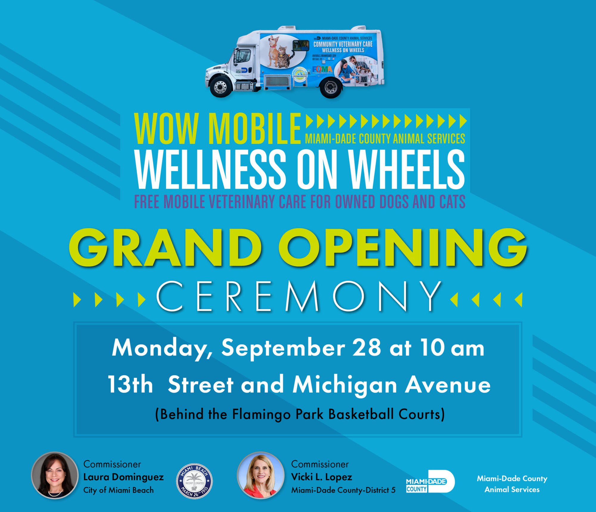 Promotional flyer for the WOW Mobile Wellness on Wheels free veterinary clinic grand opening.