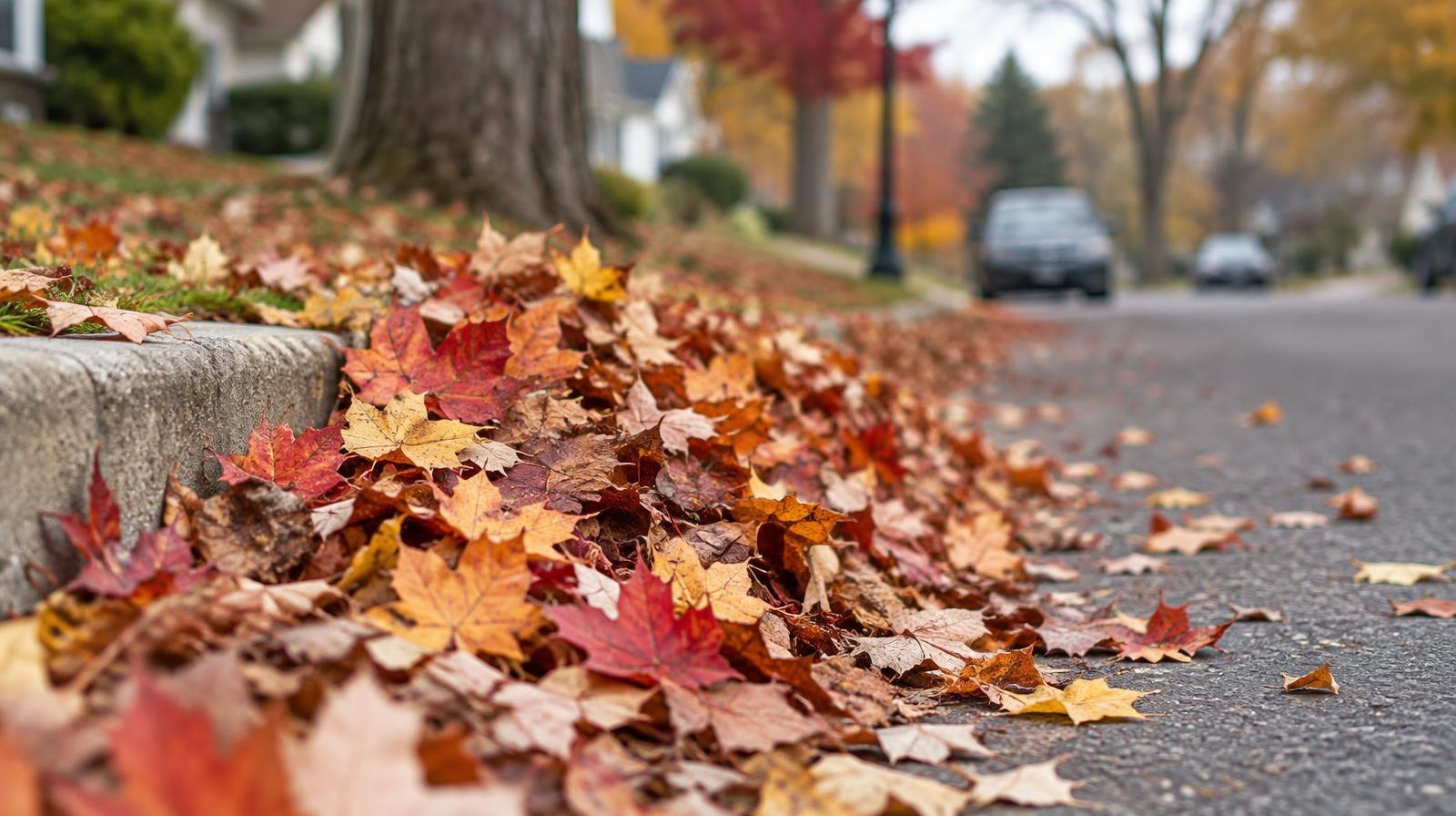 A large pile of colorful autumn leaves raked to the curb on a suburban street.