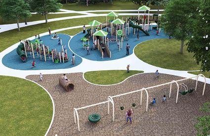 Aerial architectural rendering of a playground with green-roofed structures, swings, and rubber surfacing surrounded by trees.