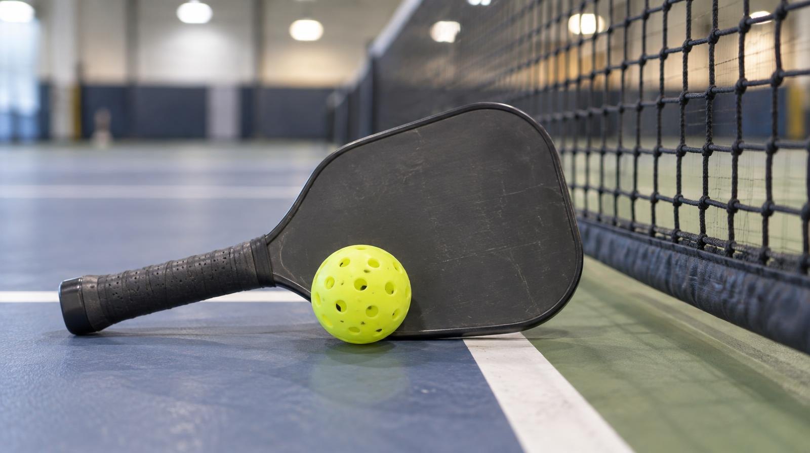 Pickleball paddle and ball resting on a painted court beside a net.