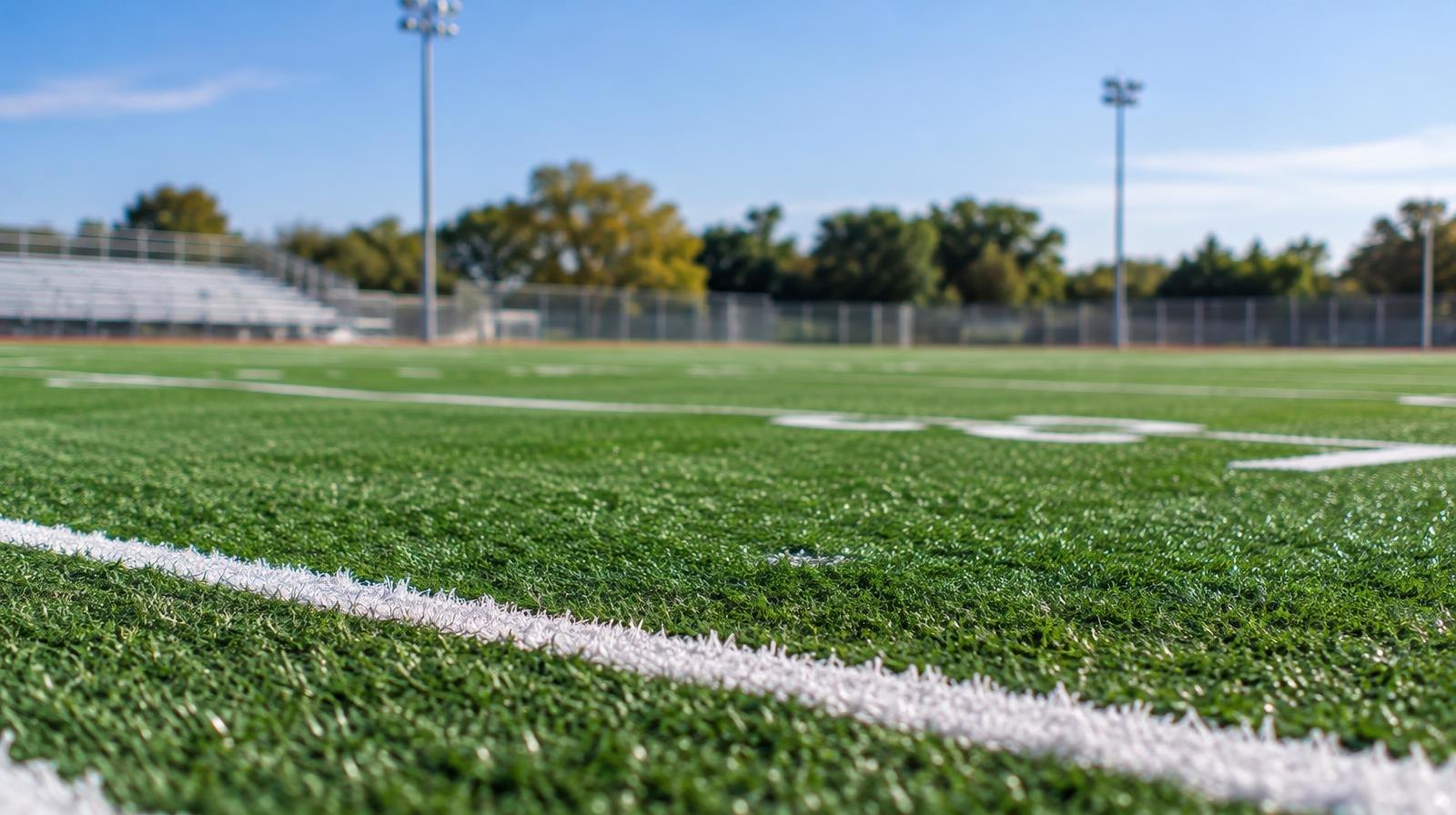 Green artificial turf field with white yard lines, chain-link fence, and tall light poles.
