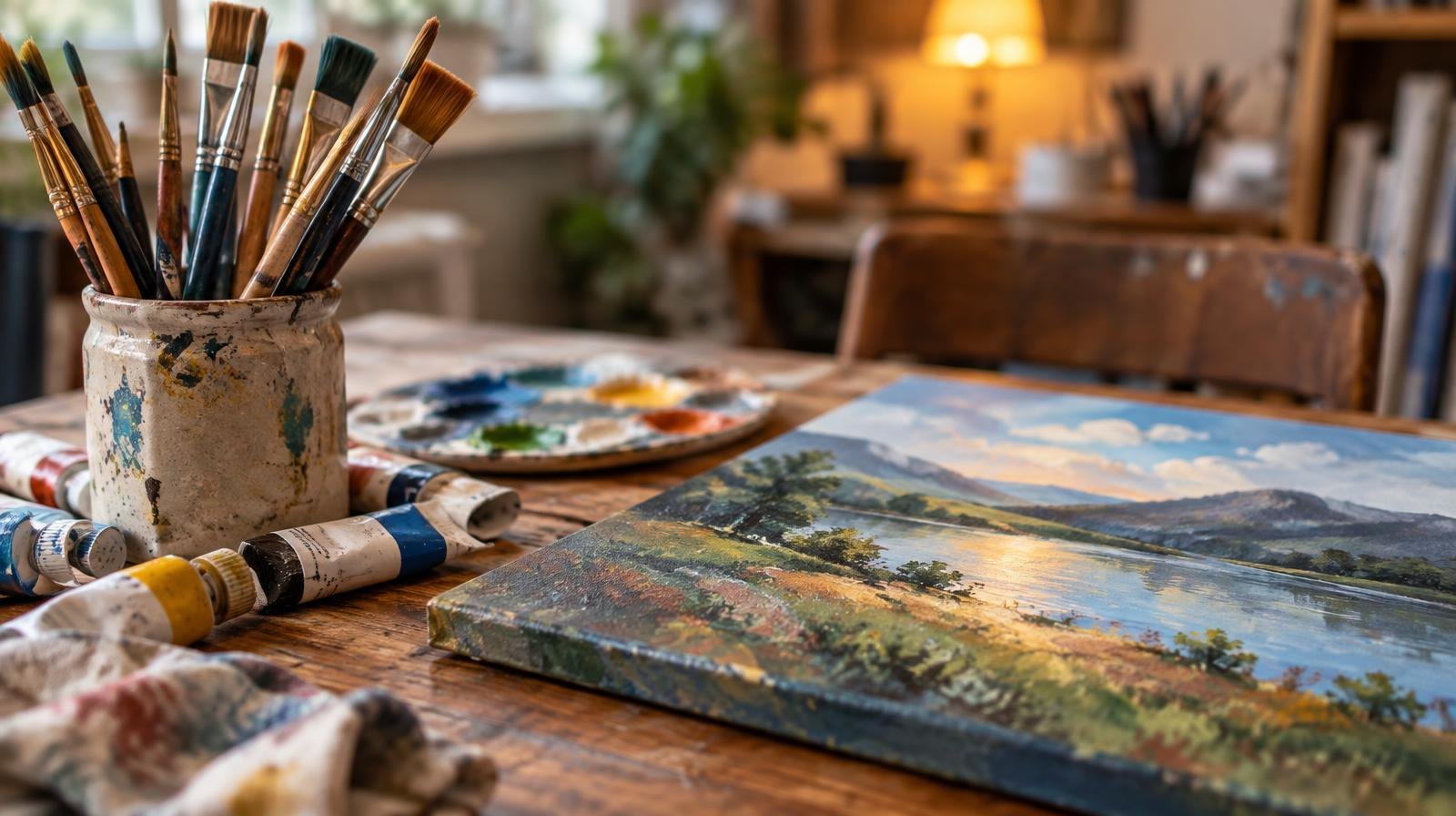 Paintbrushes and paint tubes arranged beside a canvas on a wooden table.