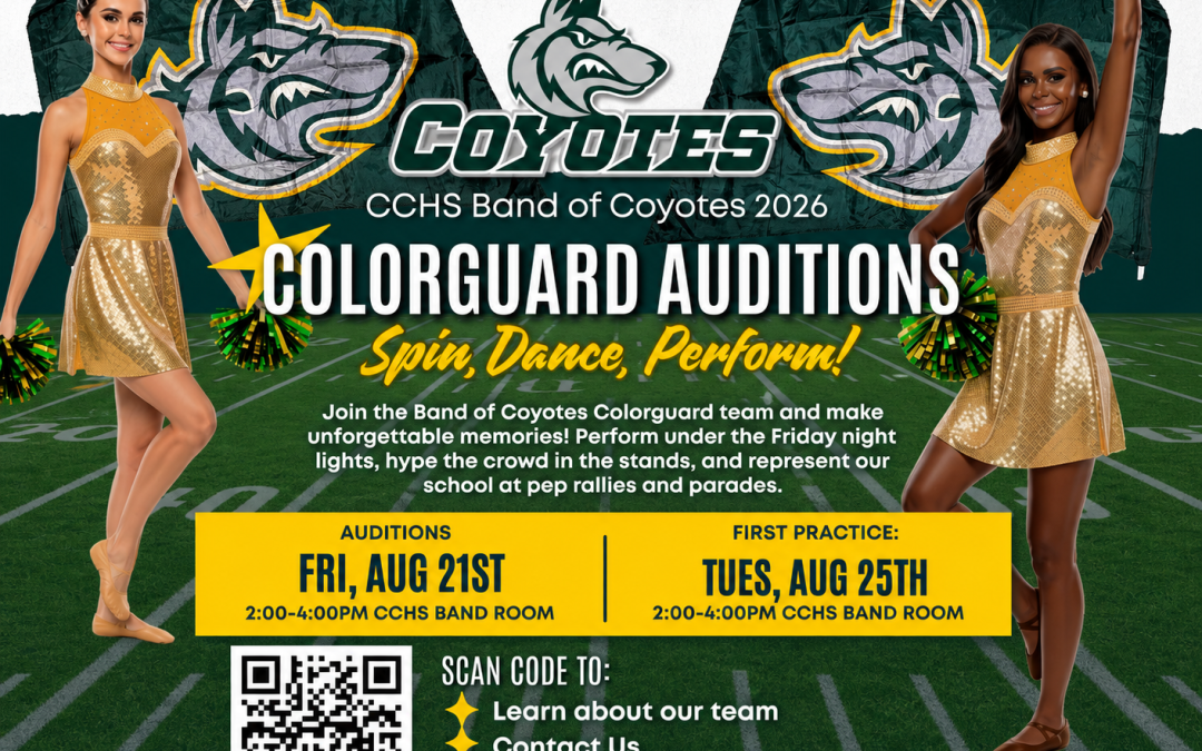 Promotional flyer showing two performers in gold uniforms with audition dates and a QR code.