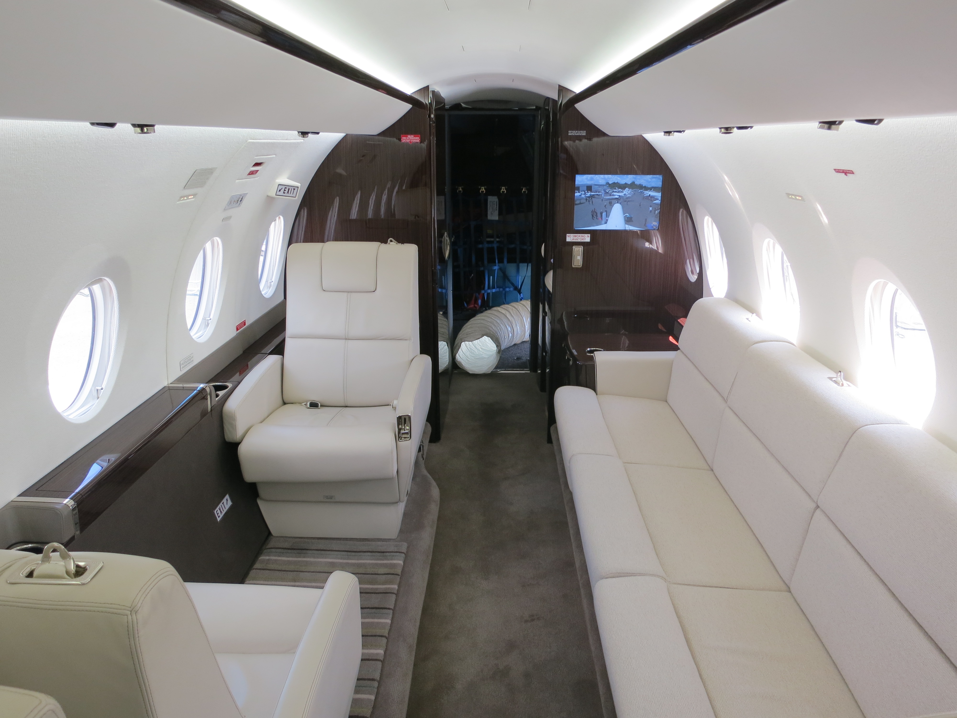 Luxurious private jet cabin with white leather seats, oval windows, and dark wood trim.