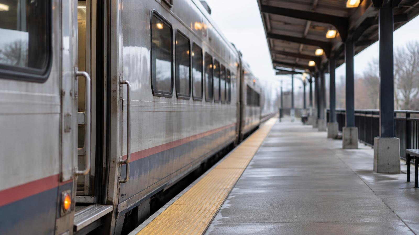 Commuter rail train stopped at an outdoor platform under an overhead canopy.