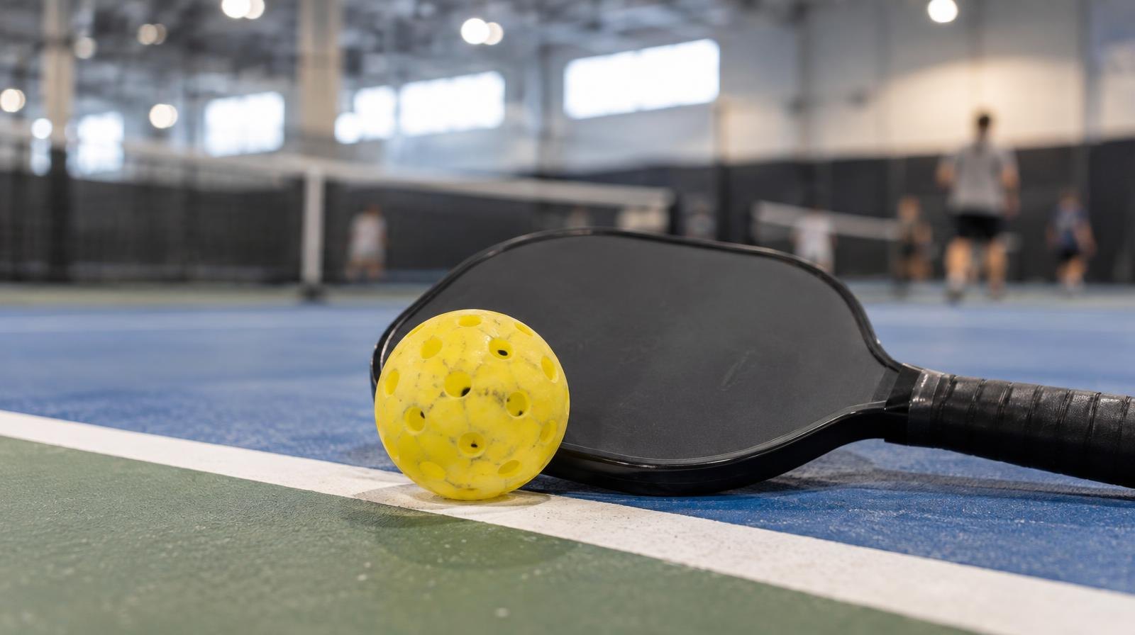 A yellow pickleball and paddle resting on a hard court beside a painted boundary line.