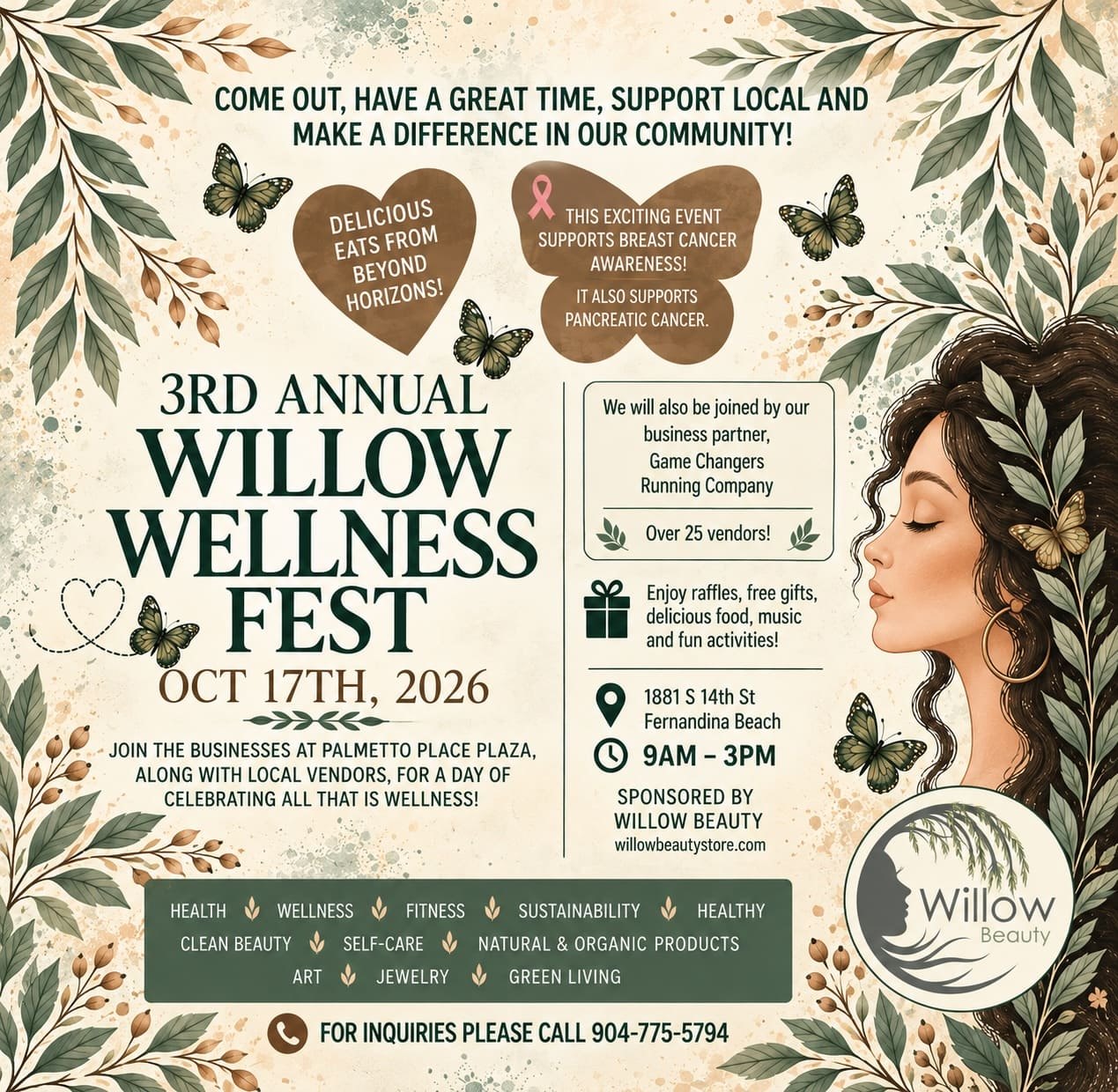 Illustrated event flyer with botanical motifs advertising the Willow Wellness Fest.