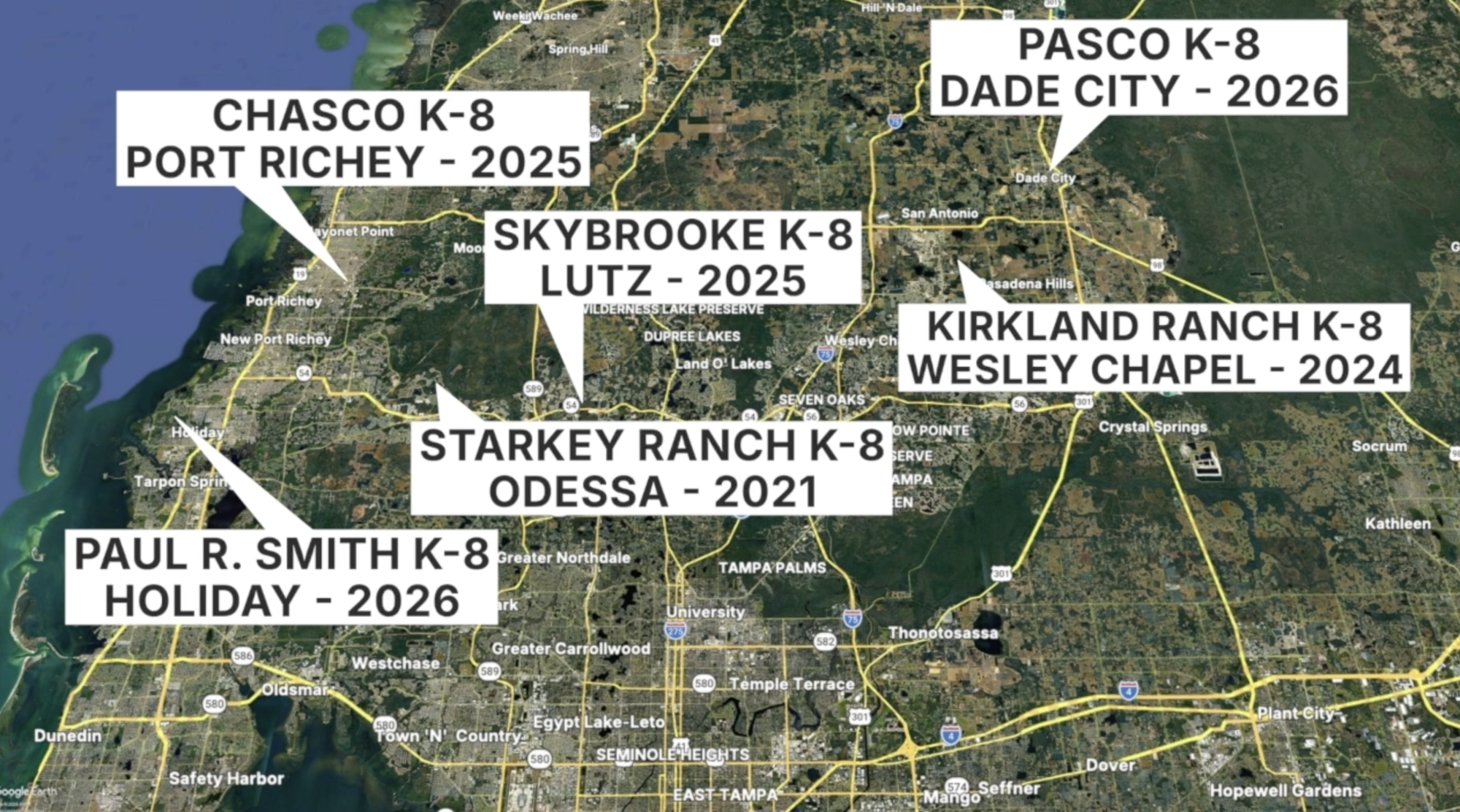 Map showing six labeled K-8 school locations across Pasco County, Florida.