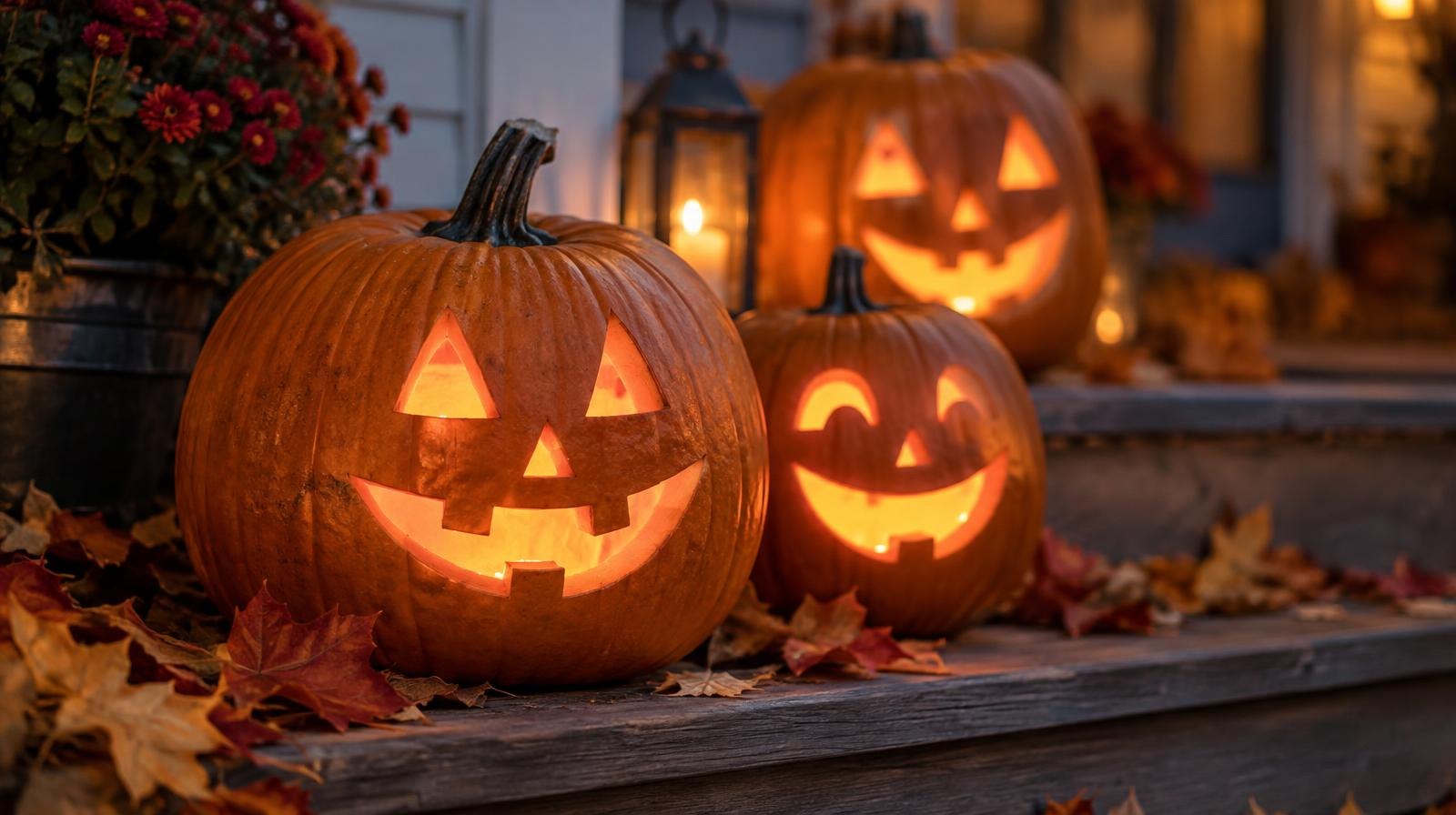 Glowing carved jack-o-lanterns on a wooden porch step surrounded by fallen autumn leaves.